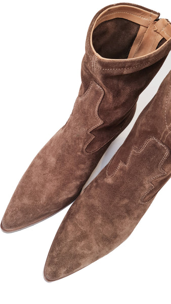 This beautiful Alberto Fasciani boot takes cues from western style and an effortless and cool aesthetic. Wear these pointy beauties with your favourite summer dress for a trendy look.  The boots are made with premium quality suede and natural leather lining.  The silky natural leather insole make them breathable, the zip closure allows an easy fit.   Premium suede calf leather upper and calf leather lining. Sole 95% leather, 5% rubber. 100% Made in Italy.