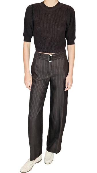 Crafted with a classic chocolate brown pinstripe design and complemented by a belt, these trousers are perfect for any occasion. From a day at the office to a night out, these trousers will add a touch of sophistication and elegance to your look.