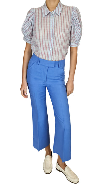 Made with sweet light blue linen mix, these trousers offer a comfortable and stylish fit. Perfect for any occasion, they will be a versatile addition to your collection. Embrace effortless style and feel confident in these must-have trousers.