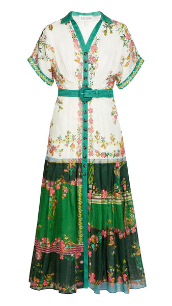 The Saloni Riya B is an elegant shirt dress with a cinched waist and a softly pleated full skirt. Delicate and eye-catching blossoms on a white and green colour-blocked background evoke the charm of Italian gardens and rose-strewn pergolas. Designed and cut to be cool and comfortable in the hottest weather, this linen dress, with its elevated detailing, is perfect for all events.