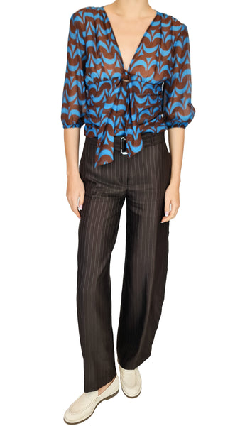 Crafted with a classic chocolate brown pinstripe design and complemented by a belt, these trousers are perfect for any occasion. From a day at the office to a night out, these trousers will add a touch of sophistication and elegance to your look.