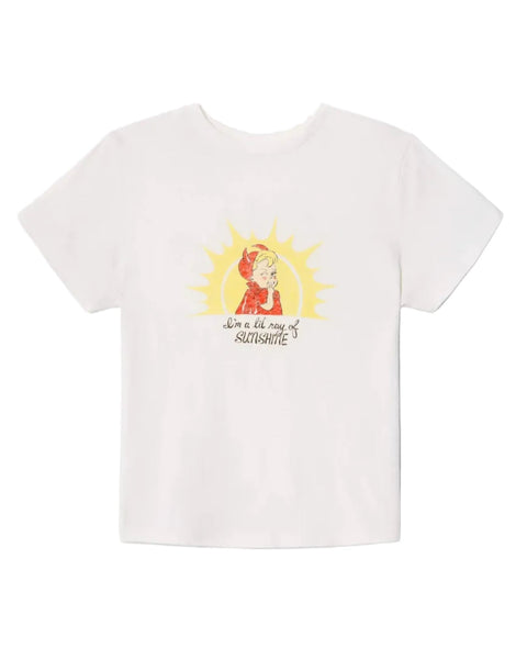 White t-shirt with a graphic design of a sun and a person on a white background