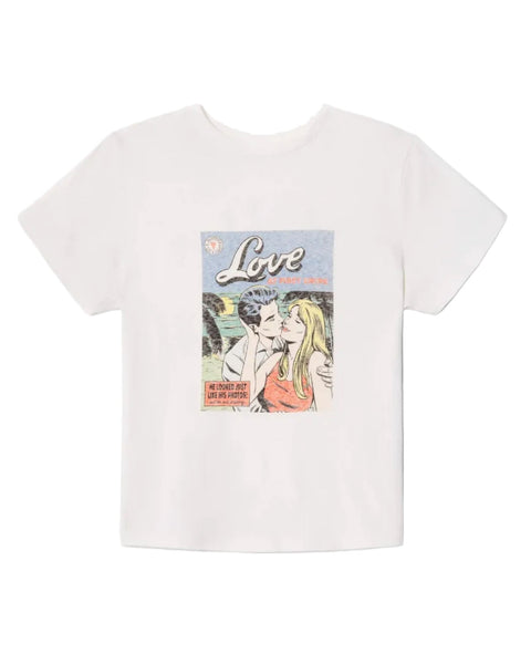 White t-shirt with a graphic design on a white background