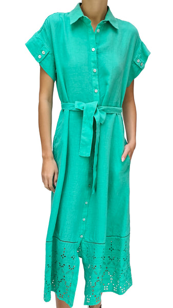 120% LINO EMERALD EMBROIDERED DRESS