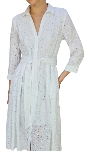 120% LINO WHITE EMBROIDERED MIDI DRESS