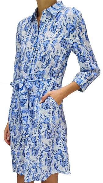 120% LINO BLUE FLOWER SHORT DRESS