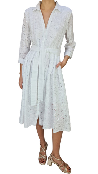 120% LINO WHITE EMBROIDERED MIDI DRESS