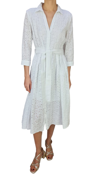 120% LINO WHITE EMBROIDERED MIDI DRESS