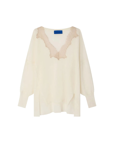 Cream-colored sweater with lace detailing on a white background