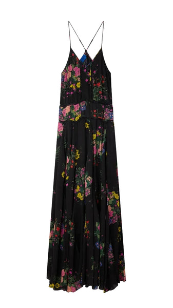Black floral slip dress on a white background