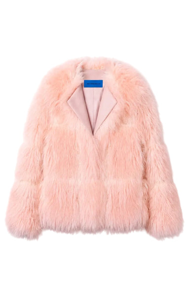 A light pink faux fur jacket with a notched lapel collar, displayed against a clean white background.