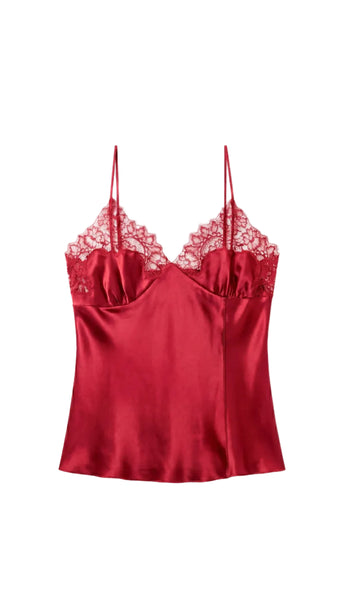 A red satin camisole top with delicate lace cups and thin spaghetti straps, displayed flat against a light gray background.