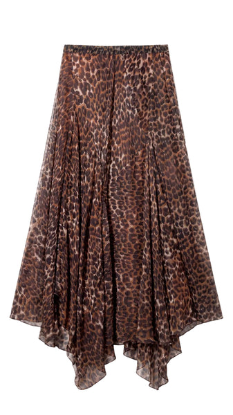 Mes Demoiselles Leopard Print Silk Maxi Skirt | Luxury Boho Skirt   
 Channel effortless Parisian chic in the Mes Demoiselles Leopard Print Silk Chiffon Maxi Skirt. Ethereal drape, handkerchief hem, and timeless animal print.   
 Mes Demoiselles leopard skirt, silk chiffon maxi skirt, luxury animal print skirt, designer leopard print maxi, long silk chiffon skirt