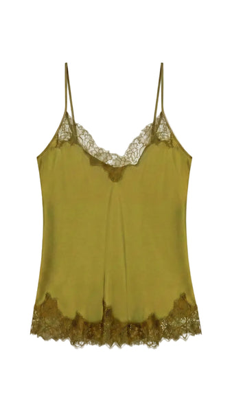 An olive green satin camisole top with delicate lace trim along the neckline and hem
olive green silk lace camisole • women's lace trim cami top • v-neck silk spaghetti strap top • romantic green lace cami • luxury silk layering tank