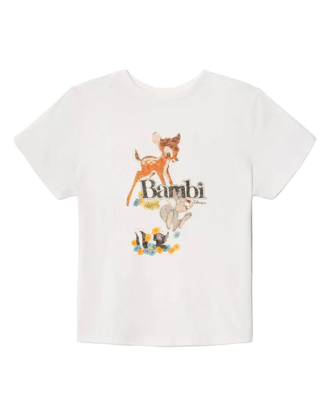 White t-shirt with Bambi graphic design on a white background