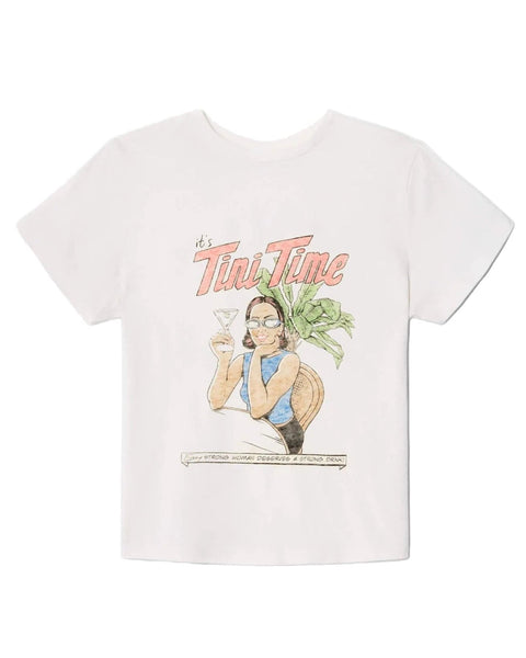 White t-shirt with a graphic design of a woman holding a cocktail and text 'Tiki Time' on a white background.