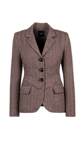 Brown blazer with black buttons on a white background