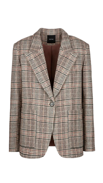 A women's  single-breasted blazer in a brown, beige, and white plaid pattern, featuring a notched lapel and a single button closure, shown against a light gray background.