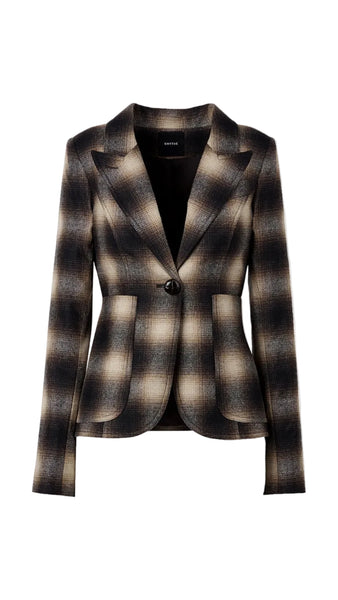Smythe Duchess patch pocket blazer, luxury black beige plaid blazer, Smythe ombre check jacket, women's fitted wool blazer, designer peak lapel jacket
 high-end shadow plaid blazer, waist-defining luxury suit jacket, designer wool plaid blazer, autumn executive tailoring, premium single-button blazer