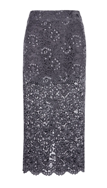 A dark gray lace midi skirt with an intricate floral pattern and scalloped hem, shown against a plain light gray background.