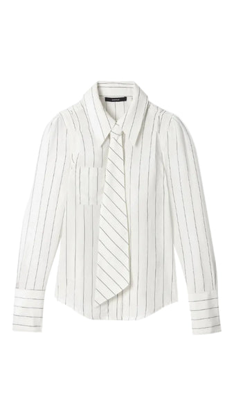 A white long-sleeve button-up shirt with thin vertical gray pinstripes, featuring a matching striped necktie draped over the front, displayed on a clean white background.