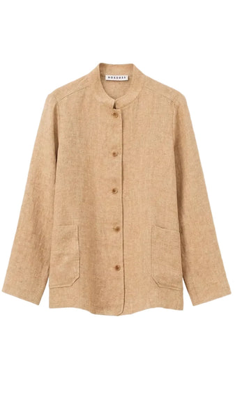 Beige jacket with button details on a light gray background
