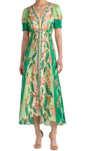 Woman wearing a green floral dress on a white background