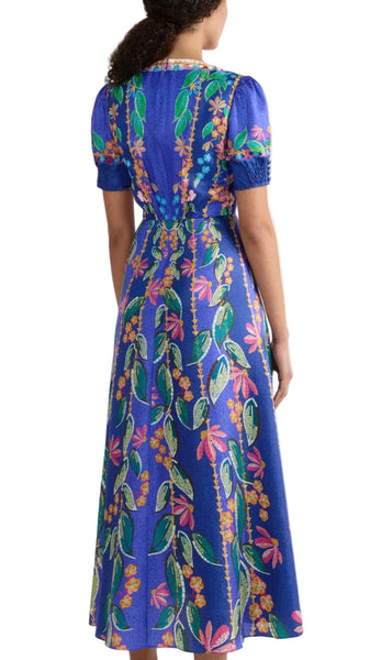 Woman wearing a blue floral dress on a white background
