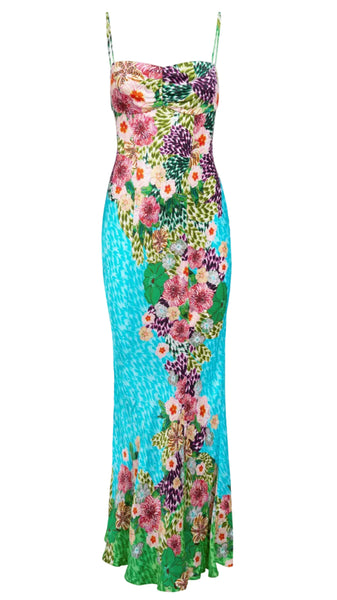 Colorful floral dress with a blue pattern on a white background