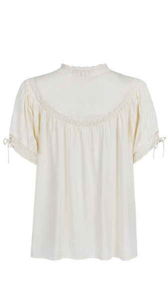 White blouse with ruffled sleeves on a white background