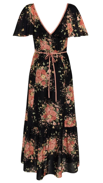 Back of a floral dress with pink accents on a white background