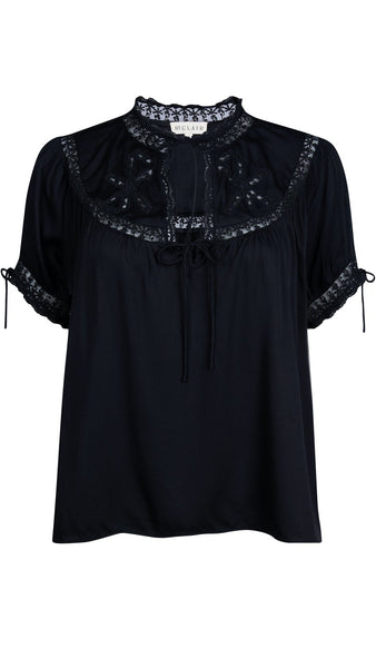 Black blouse with lace detailing on a white background