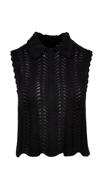 Black sleeveless top with textured pattern on a white background