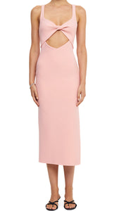 Cut from a stretch bonded crepe, this Bec+Bridge dress hugs the body and cinches in the waist. The midi dress features a statement twist at the bust with an under bust cut out, side leg split and thick straps.   Designed for a form-fitting midi-length silhouette. Bonded crepe fabric offers some stretch to the fit. Guava pink colour for that Barbie look.