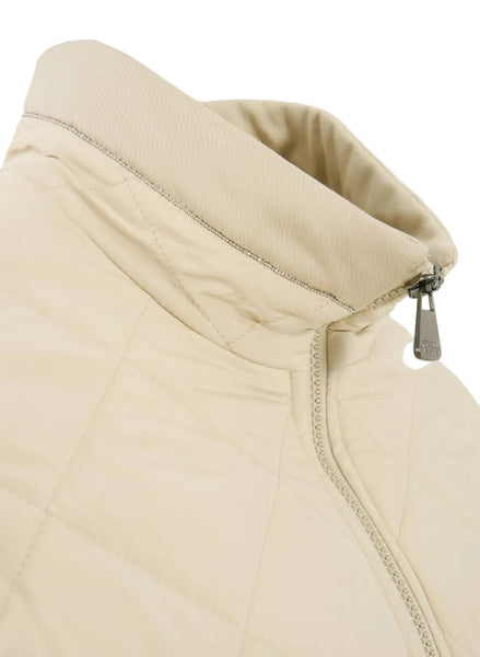 Close-up of a beige jacket with a zipper on a white background
