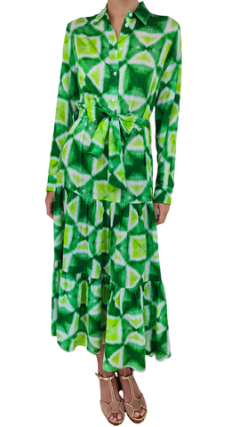 Elevate your style with this Caliban dress. Featuring a stunning green tie dye print and tiered maxi shape, this dress effortlessly combines bohemian and modern. Stand out in any crowd with this unique piece, perfect for both casual and formal occasions.