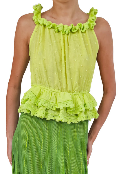 This fun lime green ruffle top adds a pop of colour and playful flair to any outfit. Stand out from the crowd and exude confidence with this stylish and eye-catching piece.