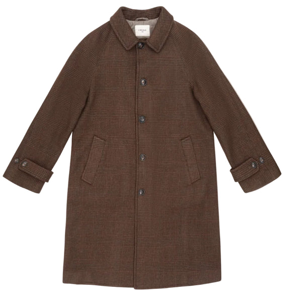 A brown textured coat with a subtle grid pattern, featuring a pointed collar, button front, and two front patch pockets, displayed on a neutral light gray background.
* Circolo wool coat
* Circolo 1901 brown wool plaid coat
* Women's single-breasted brown wool coat
* Circolo 1901 raglan sleeve wool coat
* Brown Glen check wool outerwear women
* Luxury Italian brown wool coat
* Tailored knee-length brown plaid coat
* Designer brown micro check wool coat