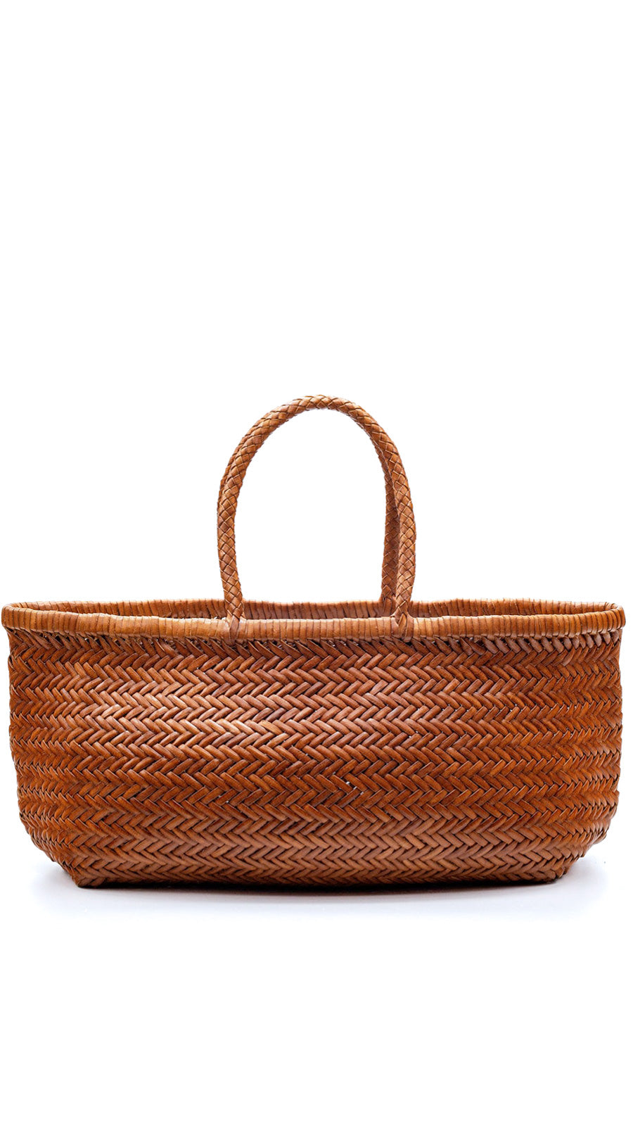 This is the bigger version of Dragon Diffusion’s iconic, best-selling bag — a roomy, hand-woven basket in smooth, buffalo calf leather. Handcrafted by artisan weavers in one piece, the diagonal chevron weave is what makes this style unique. And, remaining true to traditional basket weaving techniques, the bag comes unlined with an open top. Ideal for your next beach outing or a trip to your local market.