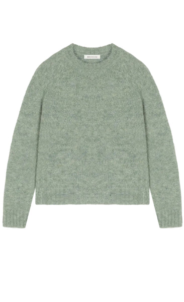 A light sage green knit crewneck sweater with long sleeves and ribbed cuffs

light green alpaca wool sweater • women's sage green knit jumper • raglan sleeve alpaca sweater • heathered green pullover • cozy alpaca wool knitwear
