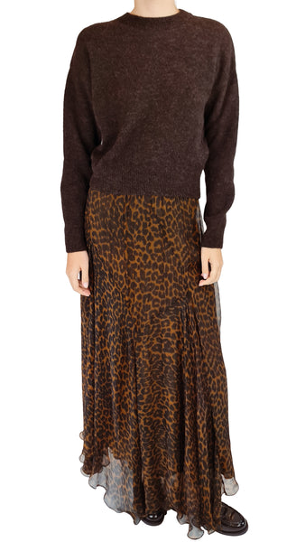 A model wearing a dark brown crewneck knit sweater and a brown leopard-print midi skirt with sheer tulle overlay
* Masscob moka brown Suri alpaca sweater
* Masscob Suri alpaca brown sweater
* Women's moka brown alpaca crewneck
* Masscob brown fluffy Suri alpaca jumper
* Dark brown Suri alpaca pullover women
* Luxury moka brown knitwear Masscob
* Women's dark espresso brown crewneck sweater
* Designer fluffy brown alpaca knit