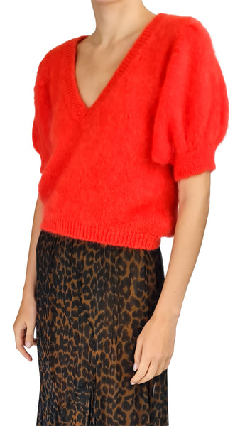 Mes Demoiselles Blip Coral Mohair Jumper | Luxury V-Neck Knit   
 Elevate your knitwear collection with the Mes Demoiselles Blip Coral Mohair Jumper. Featuring puff sleeves and a deep V-neck in a vibrant coral hue.   
 Mes Demoiselles Blip jumper, coral mohair sweater, short sleeve mohair jumper, luxury coral V-neck knit, designer women's mohair top