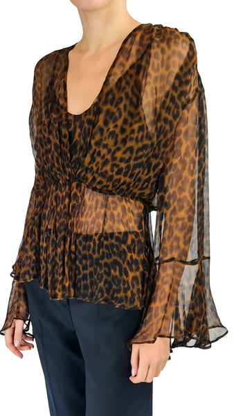 Mes Demoiselles Leopard Chiffon Peplum Blouse | Luxury Evening Top
 Make a fierce statement in the Mes Demoiselles Leopard Chiffon Peplum Blouse. Featuring a dark leopard motif, deep V-neckline, bell sleeves, and a flattering peplum waist for winter soirées.
 Mes Demoiselles leopard blouse, leopard print chiffon top, luxury peplum evening blouse, designer bell sleeve top, dark animal print blouse.