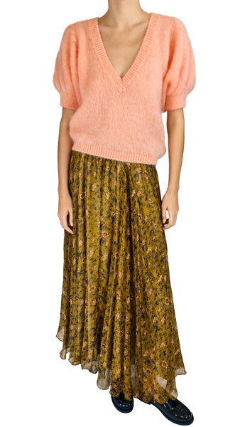 Mes Demoiselles Floral Silk Chiffon Maxi Skirt | Luxury Bohemian Skirt   
 Elevate your wardrobe with the Mes Demoiselles floral silk chiffon maxi skirt. Ethereal drape, olive botanical print, and effortless luxury style.   
 Mes Demoiselles maxi skirt, floral silk chiffon skirt, luxury boho maxi skirt, designer olive floral skirt, long silk skirt