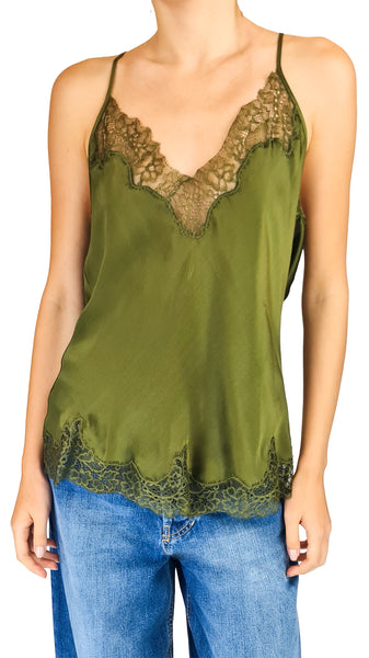 An olive green satin camisole top with lace trim on the neckline and hem

olive green silk lace camisole • women's lace trim cami top • v-neck silk spaghetti strap top • romantic green lace cami • luxury silk layering tank