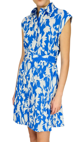 Blue and white floral dress on a plain background