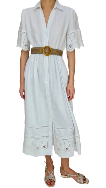 White dress with a belt worn by a person on a white background