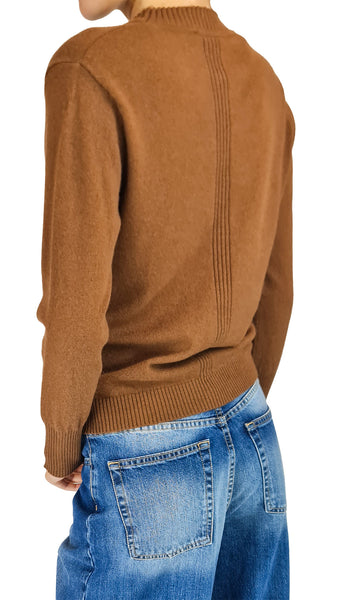 A person shown from the back wearing a camel brown knit sweater and blue jeans against a plain white background.

chestnut brown cashmere sweater • women's light cashmere crewneck • lightweight brown knit jumper • classic rib cuff cashmere pullover • luxury soft cashmere top