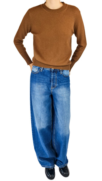 A person wearing a brown long-sleeve knit sweater and loose blue jeans

chestnut brown cashmere sweater • women's light cashmere crewneck • lightweight brown knit jumper • classic rib cuff cashmere pullover • luxury soft cashmere top