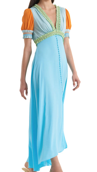 Saloni colour block maxi length Lea dress in blue, orange and green with ruffle details in the v-neck and sleeves